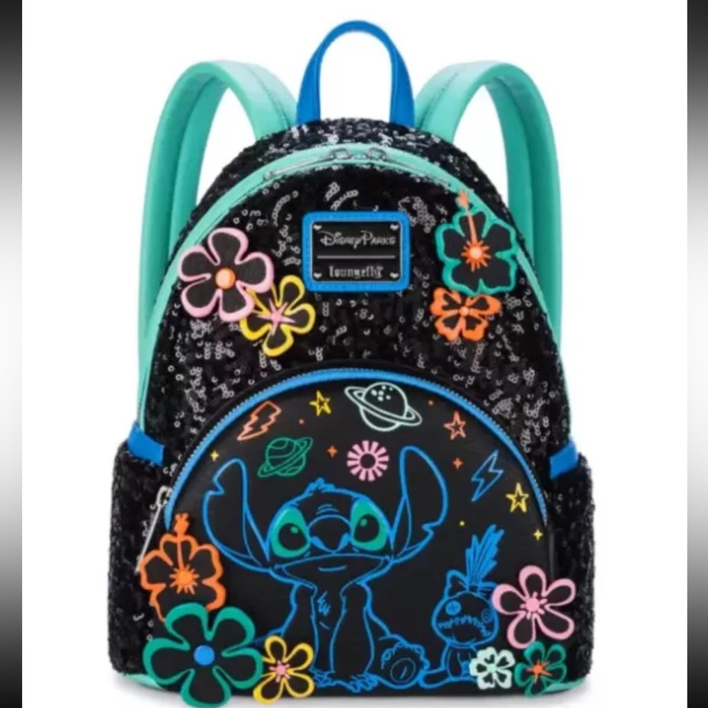 Loungefly Disney Stitch 626 Day Black Neon Sequins Mini Backpack Sealed Bag NEW